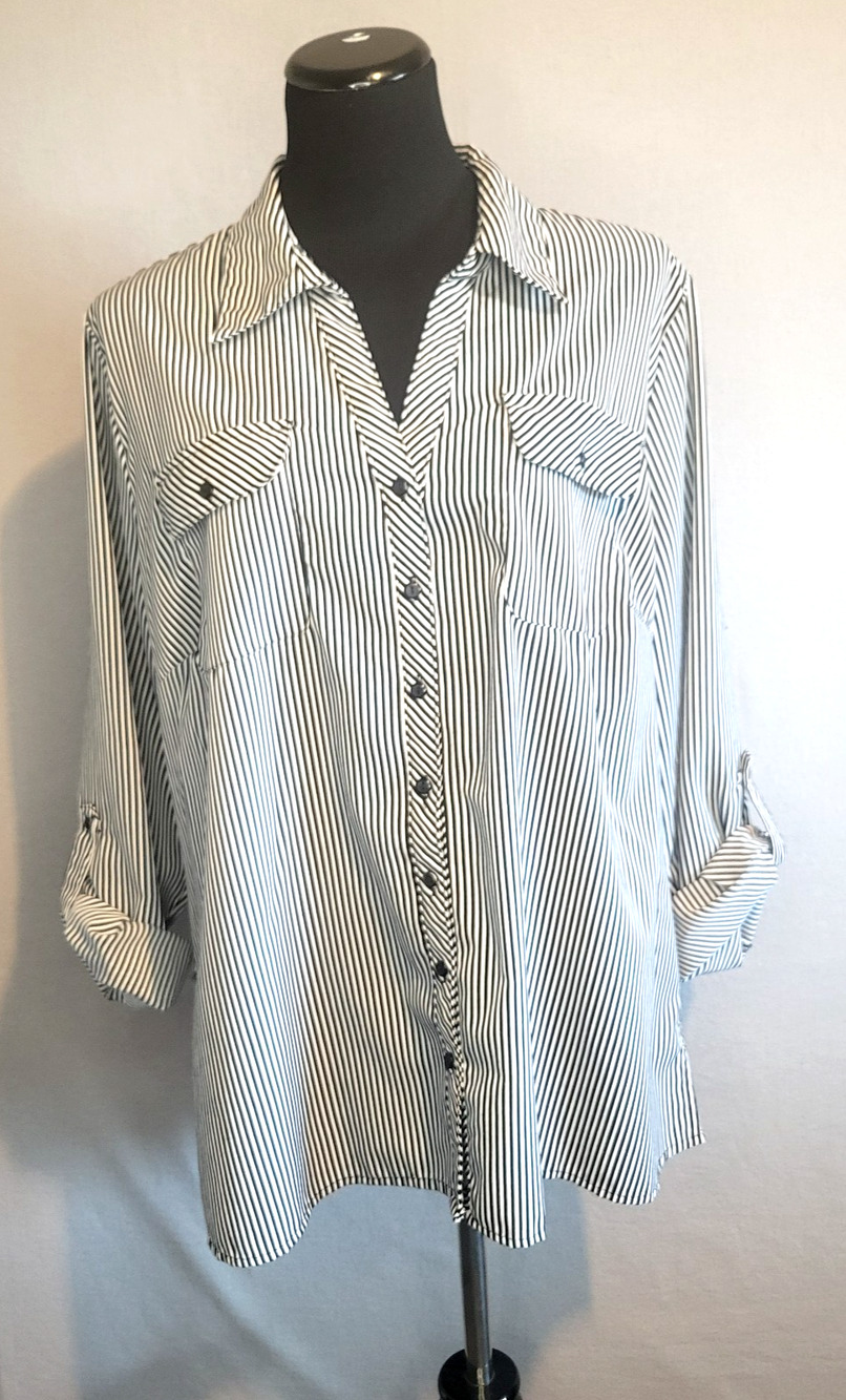 Notations Women's 2X Blouse Black Tan Striped Button Up Roll Tab Sleeve Shirt